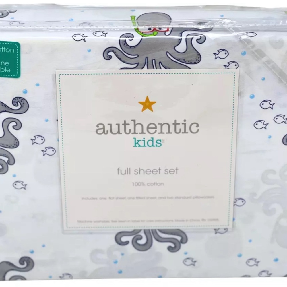 Authentic Kids Full 4 PC Soft Cotton Sheet Set Snorkeling Octopus Fish Ocean NEW